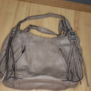 Kathy Von Zeeland taupe fringe purse